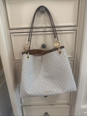 Michael Kors White and Brown MK Logo Tote